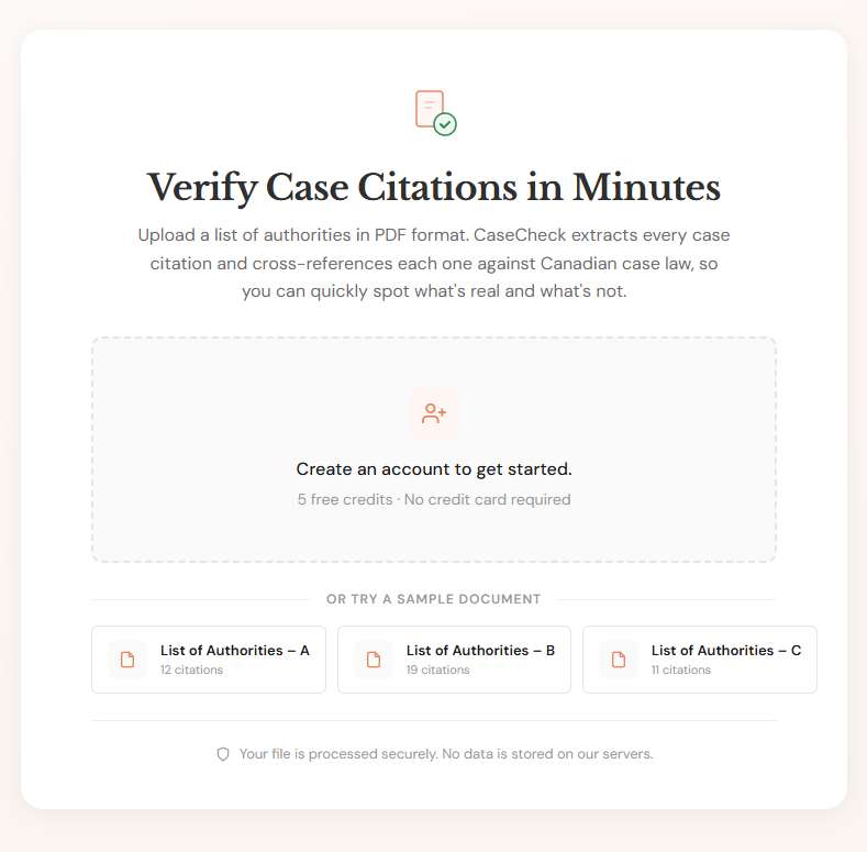 CaseCheck, a Canadian legal citation verification tool designed to catch AI-hallucinated cases in Canadian courts before they reach the bench, addressing the rise of fictitious citations in Canada and AI-fabricated case law.